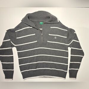 United Colors Of Benetton Grey  and White Striped Quarter Zip-Up Sweater